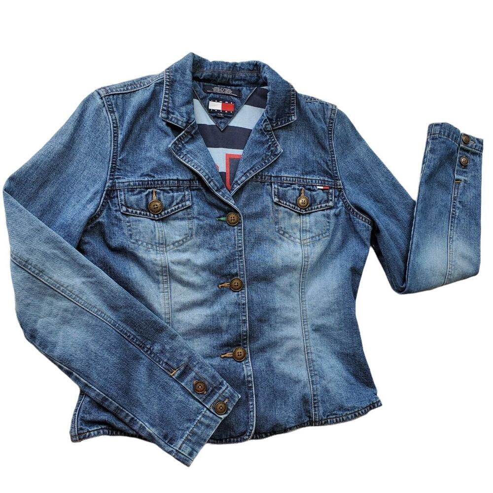 Tommy Hilfiger Y2K Vintage Womens Denim Blue Jean Jacket Large Pockets Flag Logo